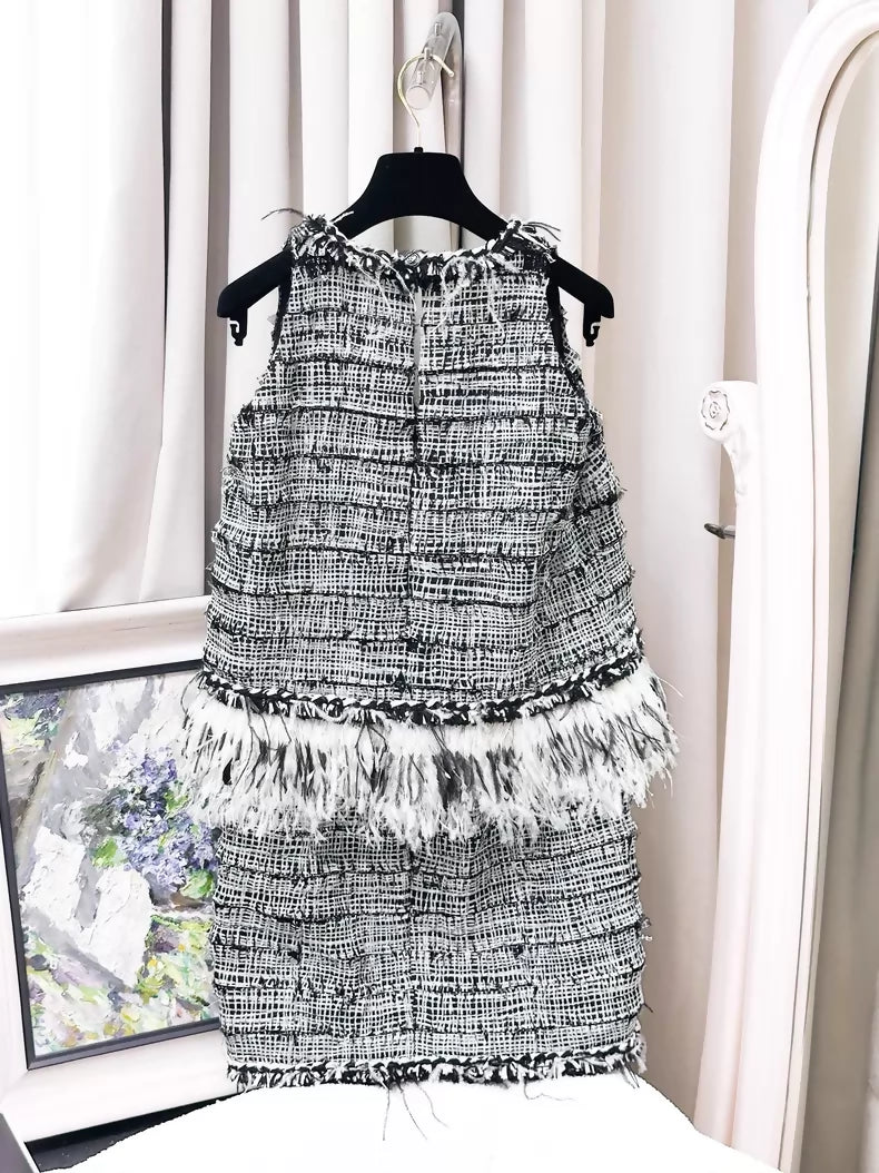 Chanel 2011 black and white tweed & feathers dress