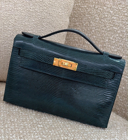 Hermes Kelly Pochette vert cypress lizard gold hardware