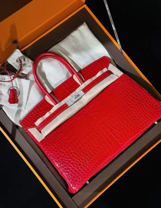 Hermès Birkin 35 Red Shiny Porosus Crocodile 18K White Gold and Diamond Hardware