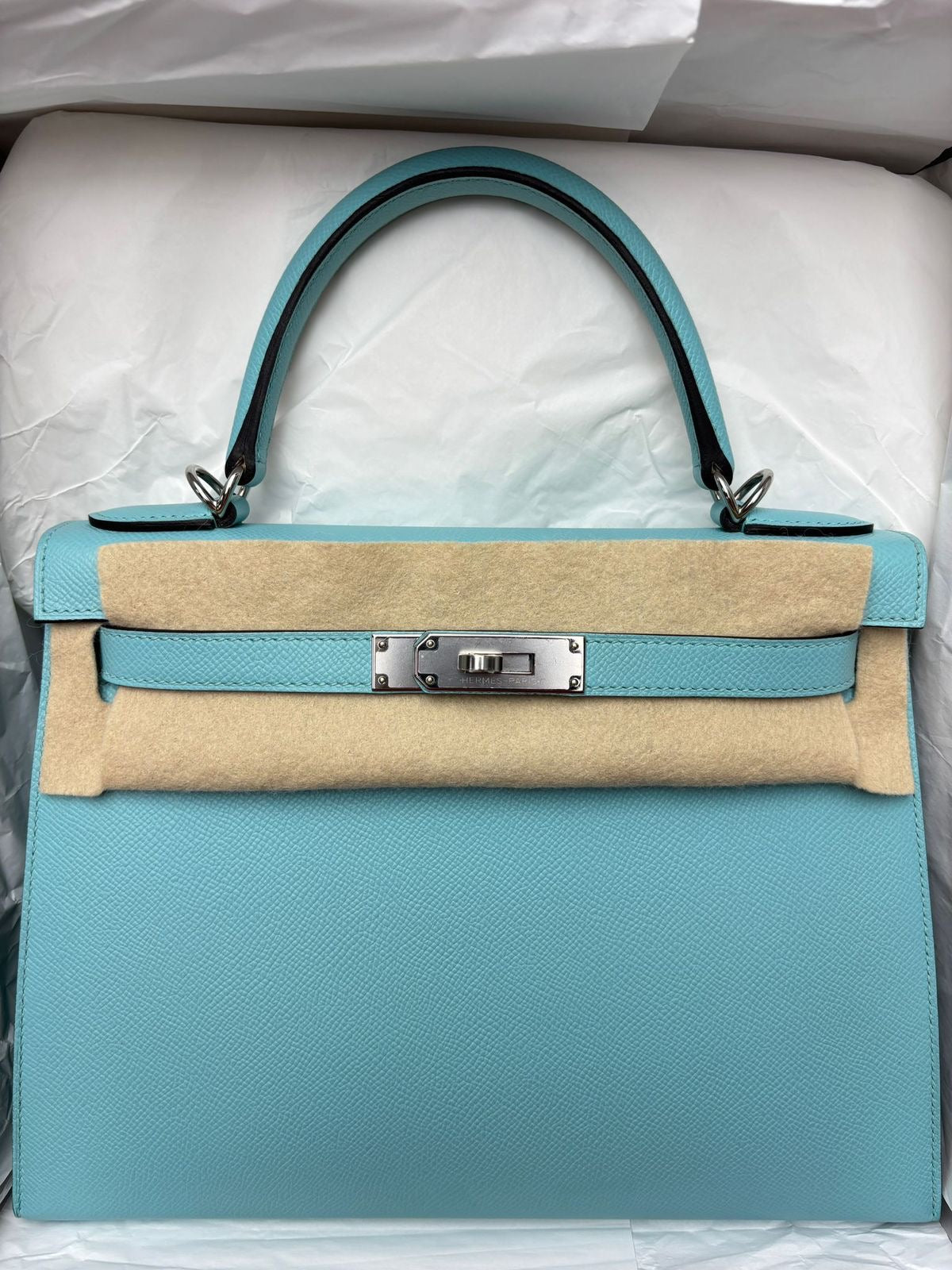 Hermes Kelly 28 Bleu Atoll Epsom Palladium hardware