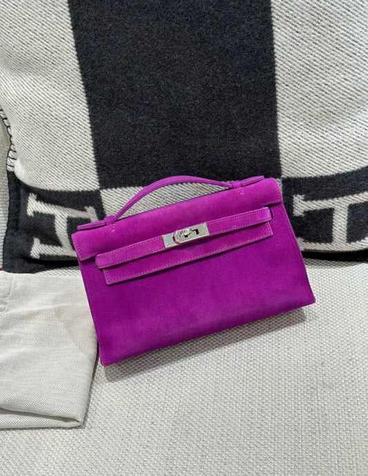 HERMÈS KELLY POCHETTE VIOLET VEAU DOBLIS SUEDE PALLADIUM HARDWARE