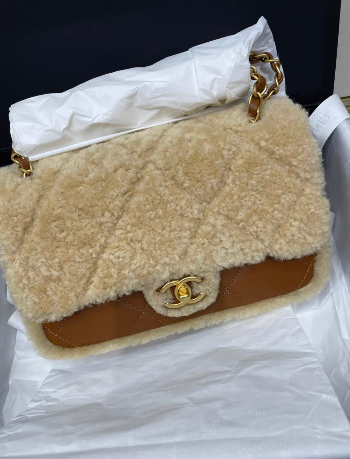 Chanel 24 FLAP BAG Shearling Lambskin & Gold-Tone Metal
Beige & Brown