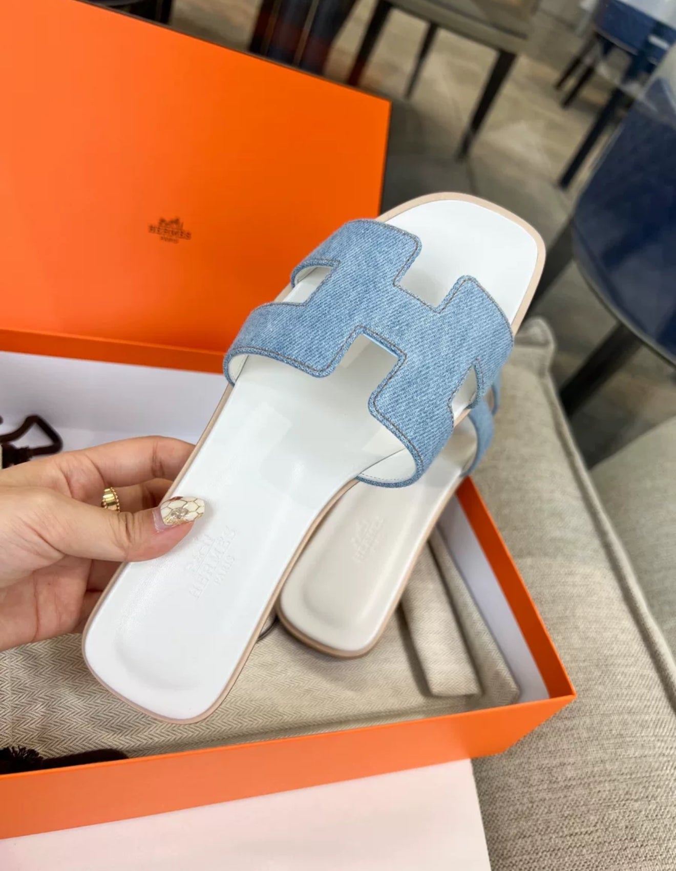 Hermès Oran Sandals Clear Blue Denim
