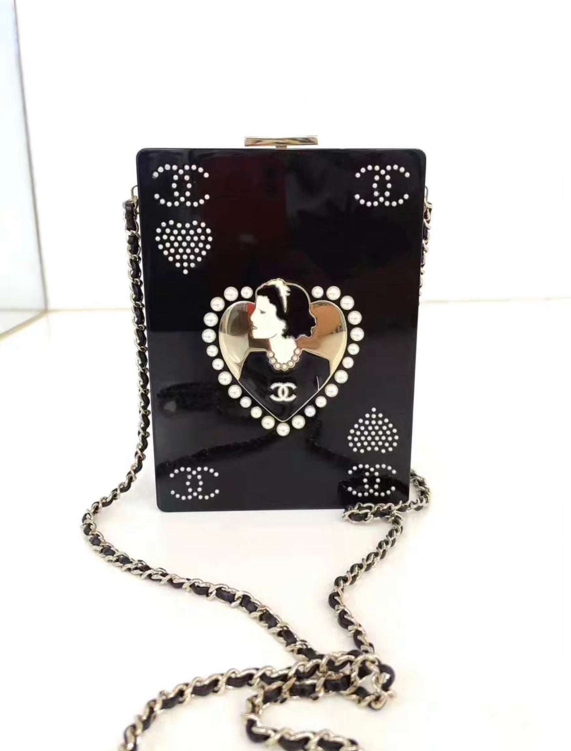 CHANEL Plexiglass Pearl Playing Card Casino Minaudiere Clutch Black Gold