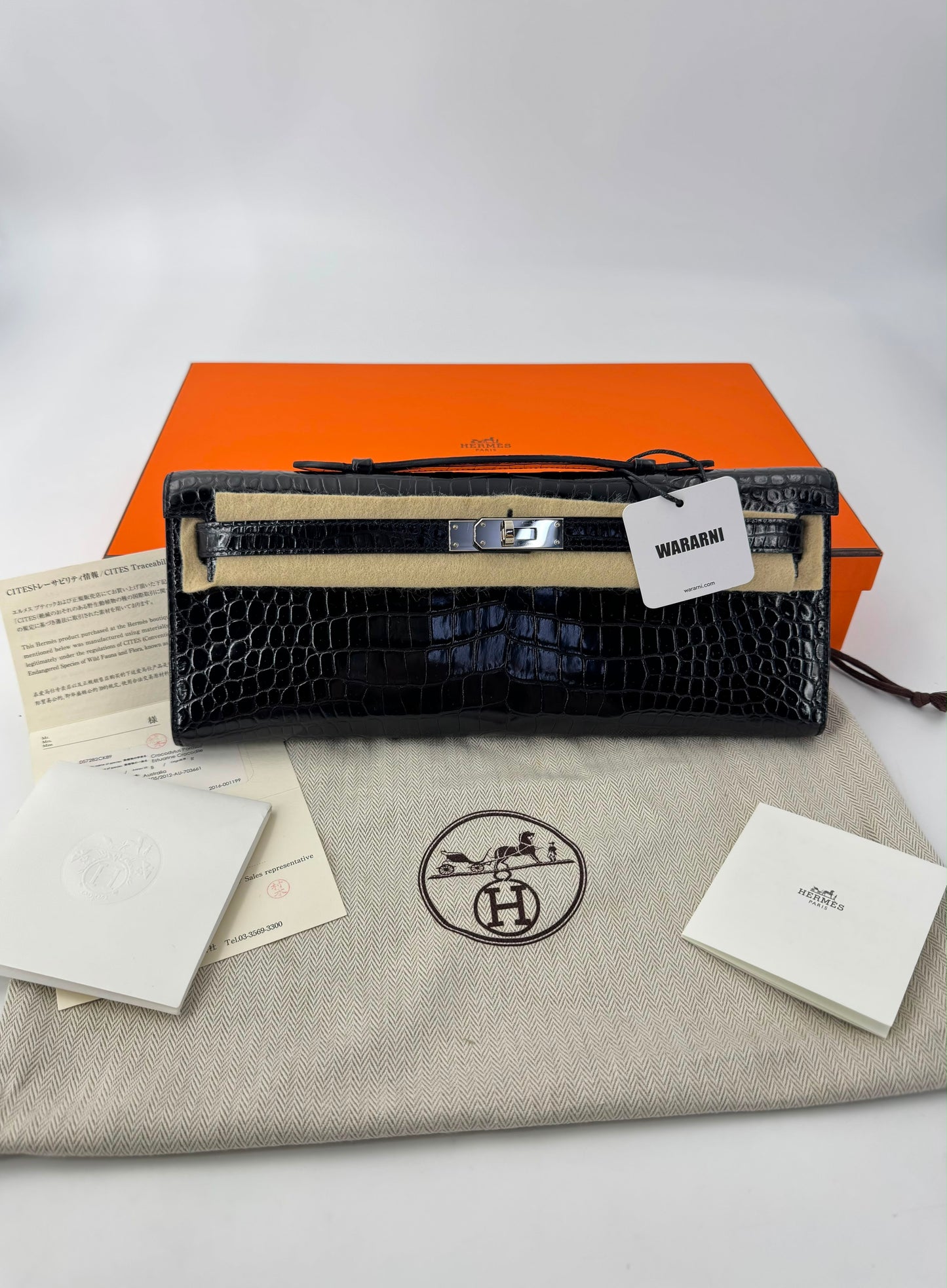 Hermès Kelly Cut Black Shiny Crocodile with Palladium hardware