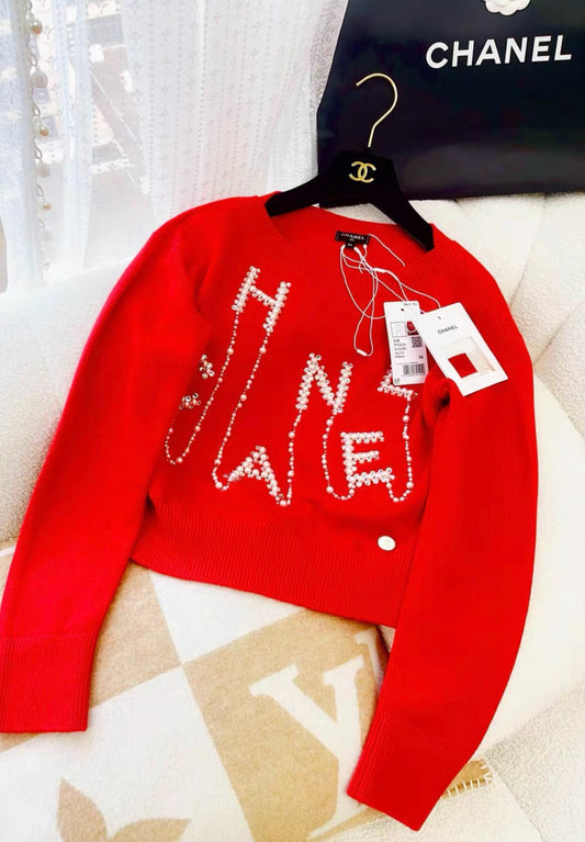 Chanel 21S CC pearl letter red knitted sweater size 34