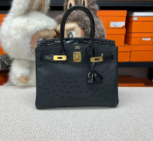 Hermès Birkin touch 30 black ostrich/shiny crocodile leather gold hardware
