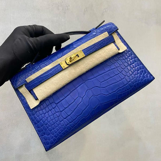 Hermes Kelly Pochette blue royal matte alligator gold hardware