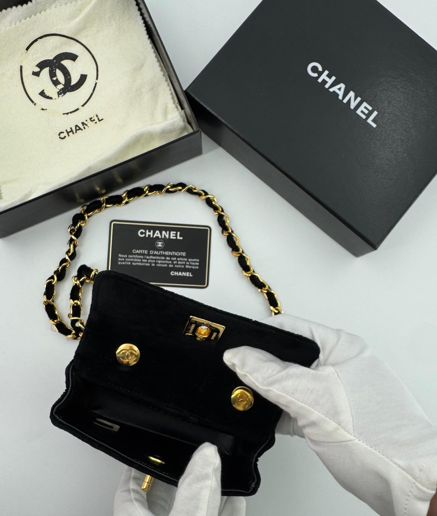 Chanel vintage Black velvet mini square flap bag with gold hardware