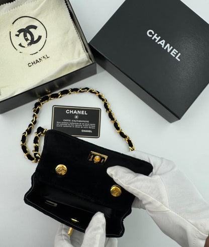 Chanel vintage Black velvet mini square flap bag with gold hardware