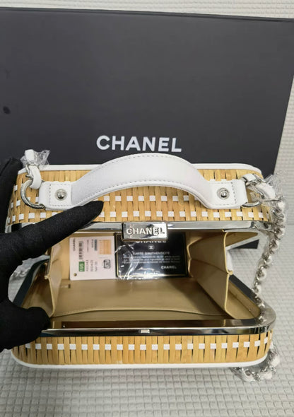 Chanel Vanity Case Beige & White, Rattan, Patent Calfskin & Silver-Tone Metal