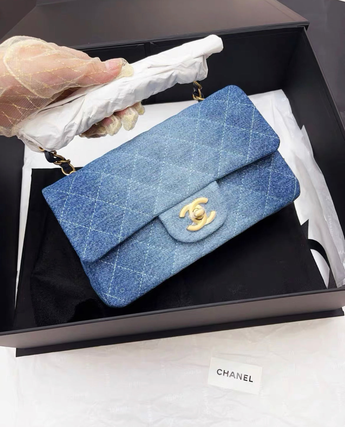 CHANEL 24S MINI RECTANGULAR DENIM BLUE FLAP BAG GOLD HARDWARE