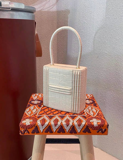 HERMÈS HSS CADENA LOCK BOX BAG WHITE CROCODILE LEATHER