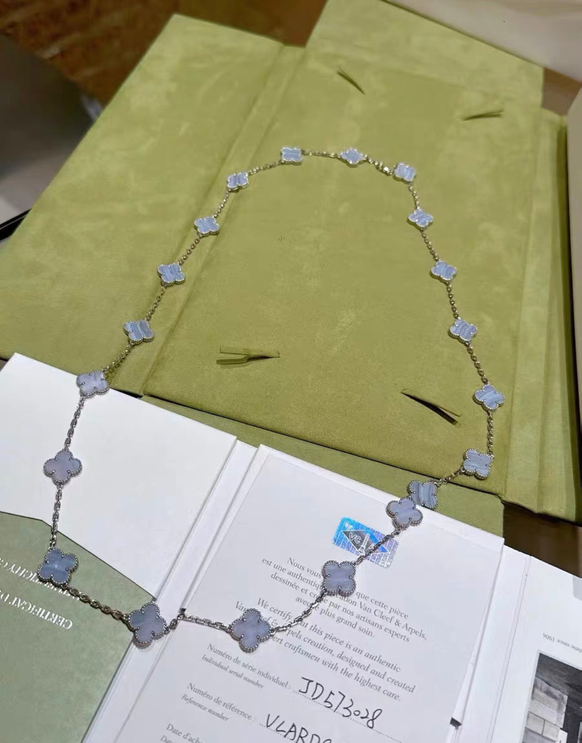 VCA Van Cleef & Arpels Vintage Alhambra long necklace, 20 motifs 18K white gold, Chalcedony 
Full set brand new