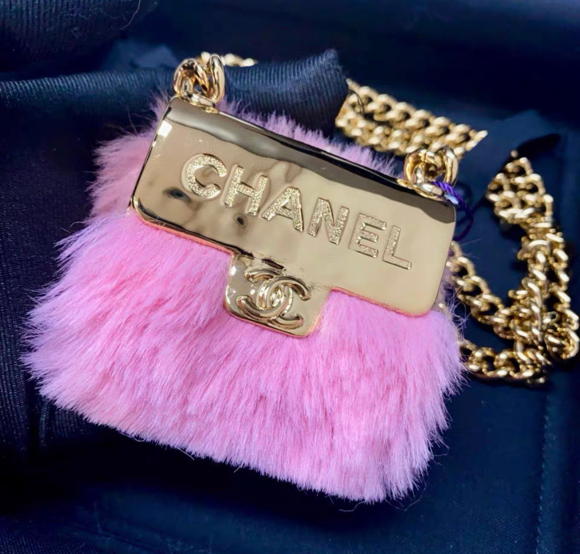 Chanel 24C Pink Furry Mini Bag necklace gold chain