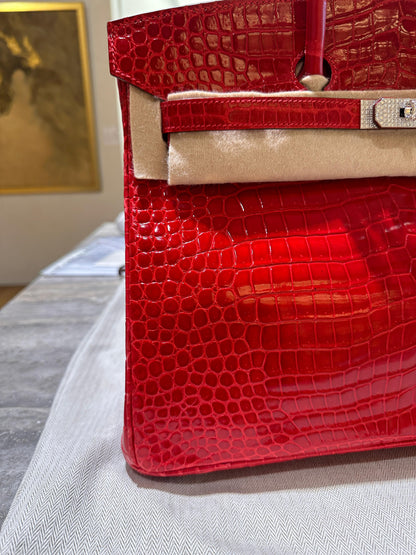 Hermès Birkin 35 Rouge Braise Shiny Porosus Crocodile 18K White Gold and Diamond Hardware