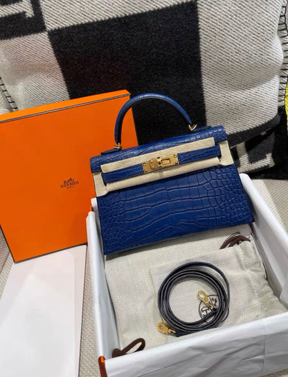 Hermès Mini Kelly Blue Sapphire Blue Crocodile Matte Gold Hardware