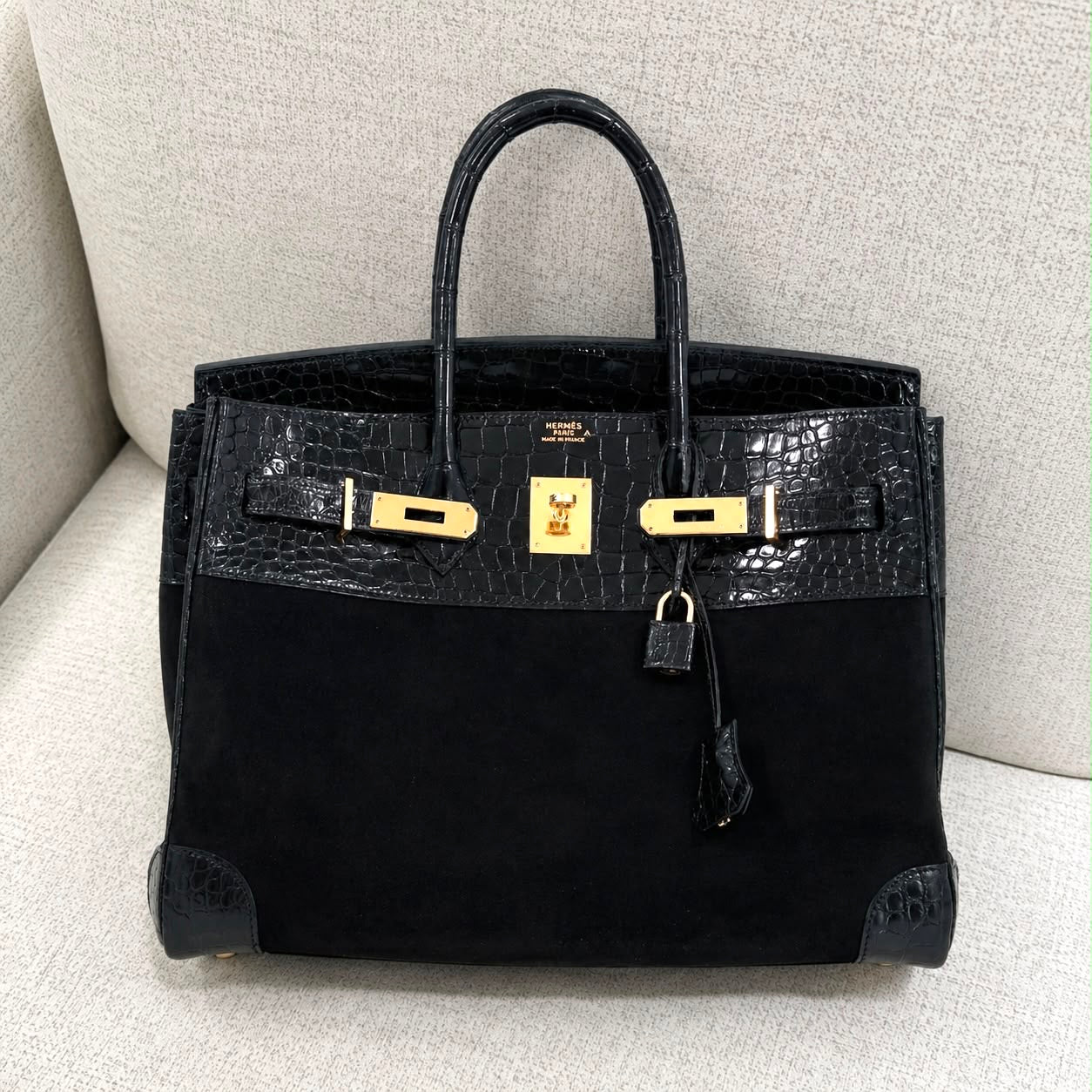 Hermes Birkin 35 black doblis suede & black porosus crocodile gold hardware