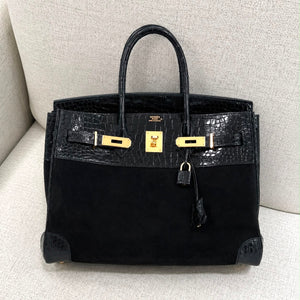 Hermes Birkin 35 black doblis suede & black porosus crocodile gold hardware