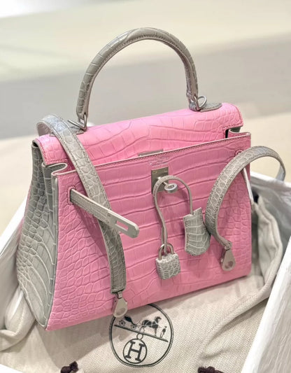 Hermès Kelly 25 5P Bubblegum & Pearl Gray Matte alligator Leather Palladium Hardware