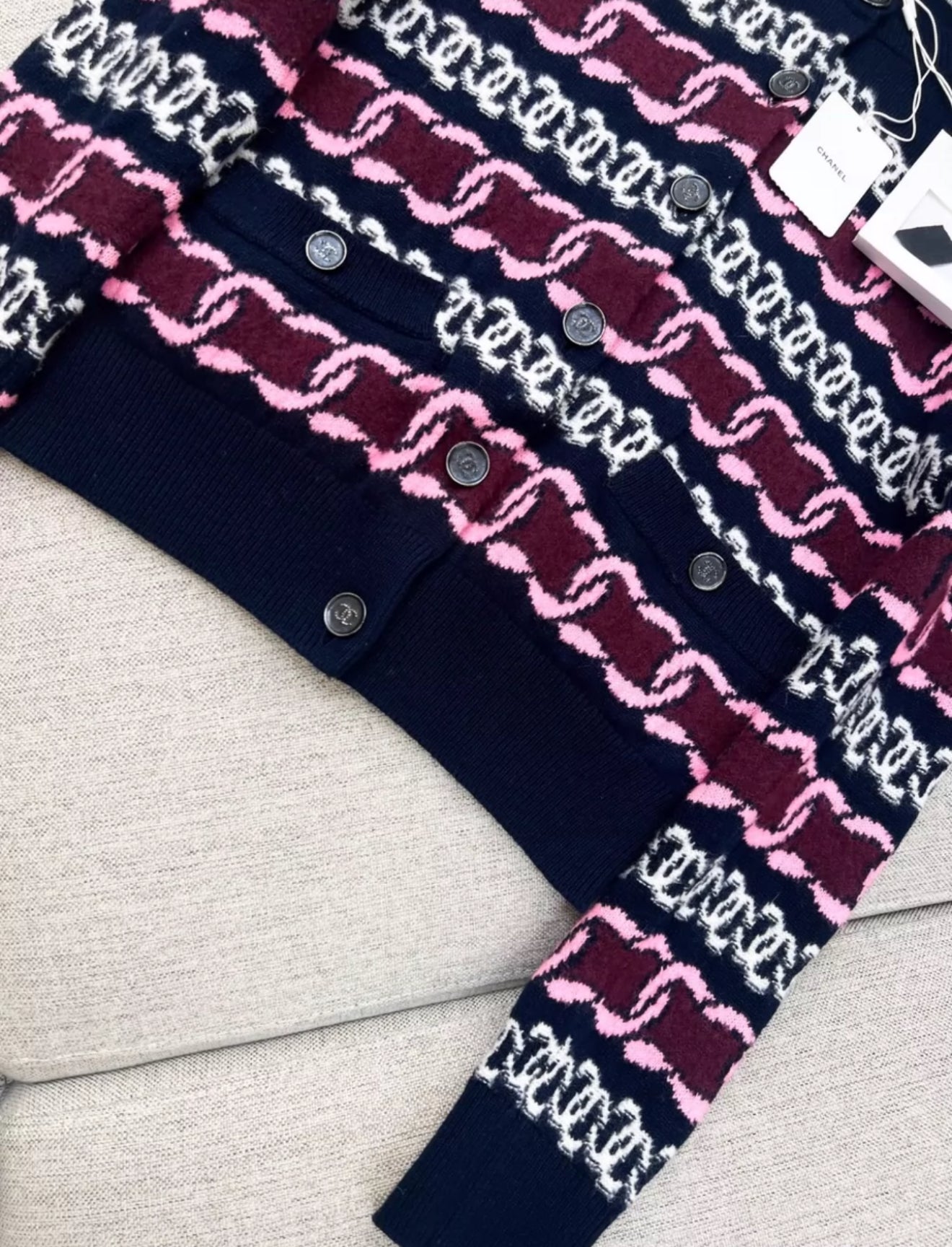 Chanel 23B navy blue, Burgundy, pink & white cardigan – Wararni.com