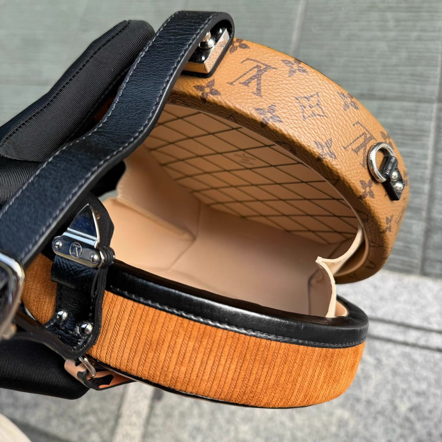 Louis Vuitton 2018 Brown Reverse Monogram Canvas, Corduroy, and Leopard Petit Boite Chapeau Souple Bag Silver Hardware