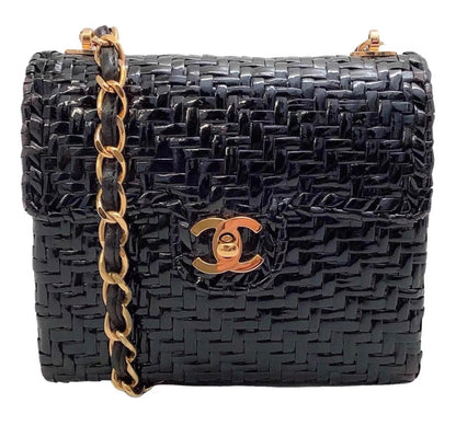 Chanel Flap Vintage 90s Mini Wicker Straw Classic Black Rattan Cross Body Bag