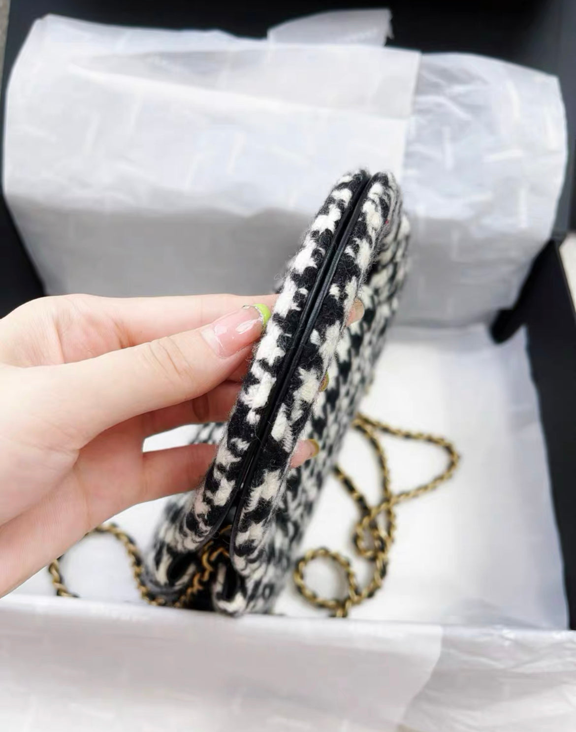 CHANEL 24A Nano Kelly Black & White Houndstooth Tweed Bag - Brand