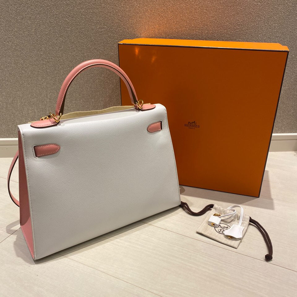 HERMES KELLY 32 SPECIAL ORDER WHITE & ROSE CONFETTI EPSOM LEATHER GOLD HARDWARE