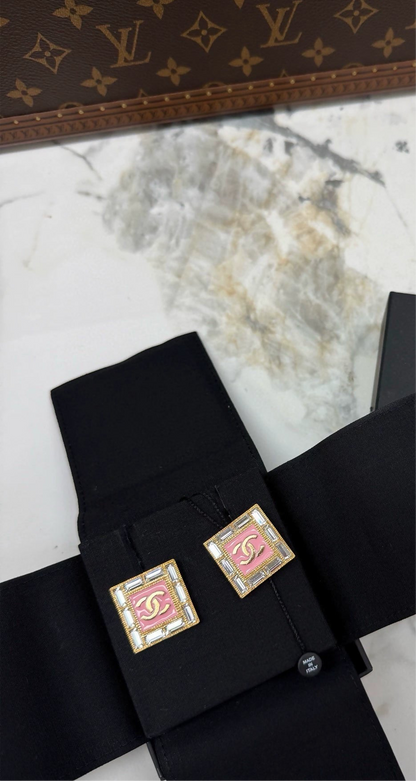 Chanel 24S Large Pink Square Acrylic Rhinestone Earrings