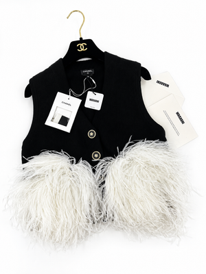 Chanel 23AW Black Cashmere & White Ostrich Feathers Cardigan