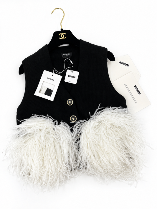 Chanel 23AW Black Cashmere & White Ostrich Feathers Cardigan