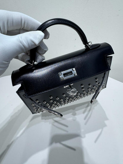 HERMES Box Studded Clouté Mini Kelly Sellier 20 Black