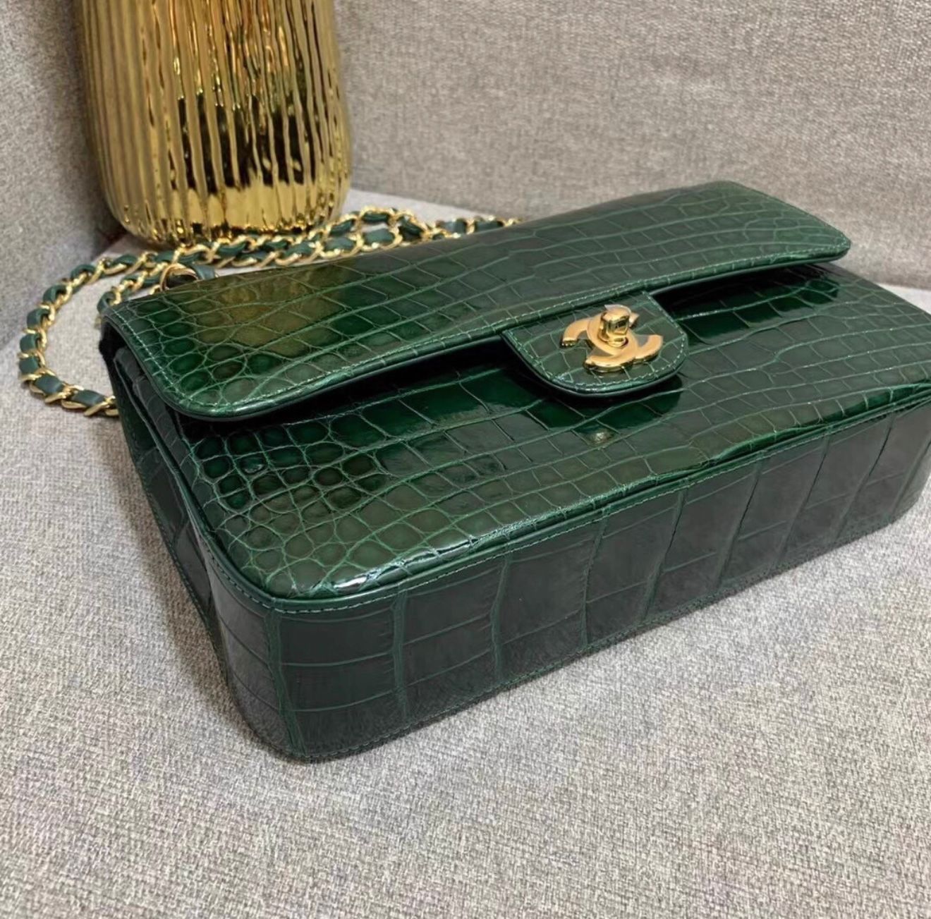 Chanel dark green alligator leather gold hardware medium flap bag