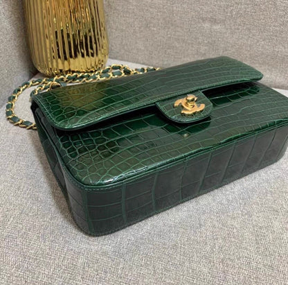 Chanel dark green alligator leather gold hardware medium flap bag