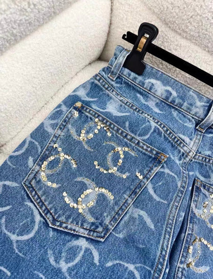 CHANEL 23B Logo Denim Sequin Pocket Jeans size 36