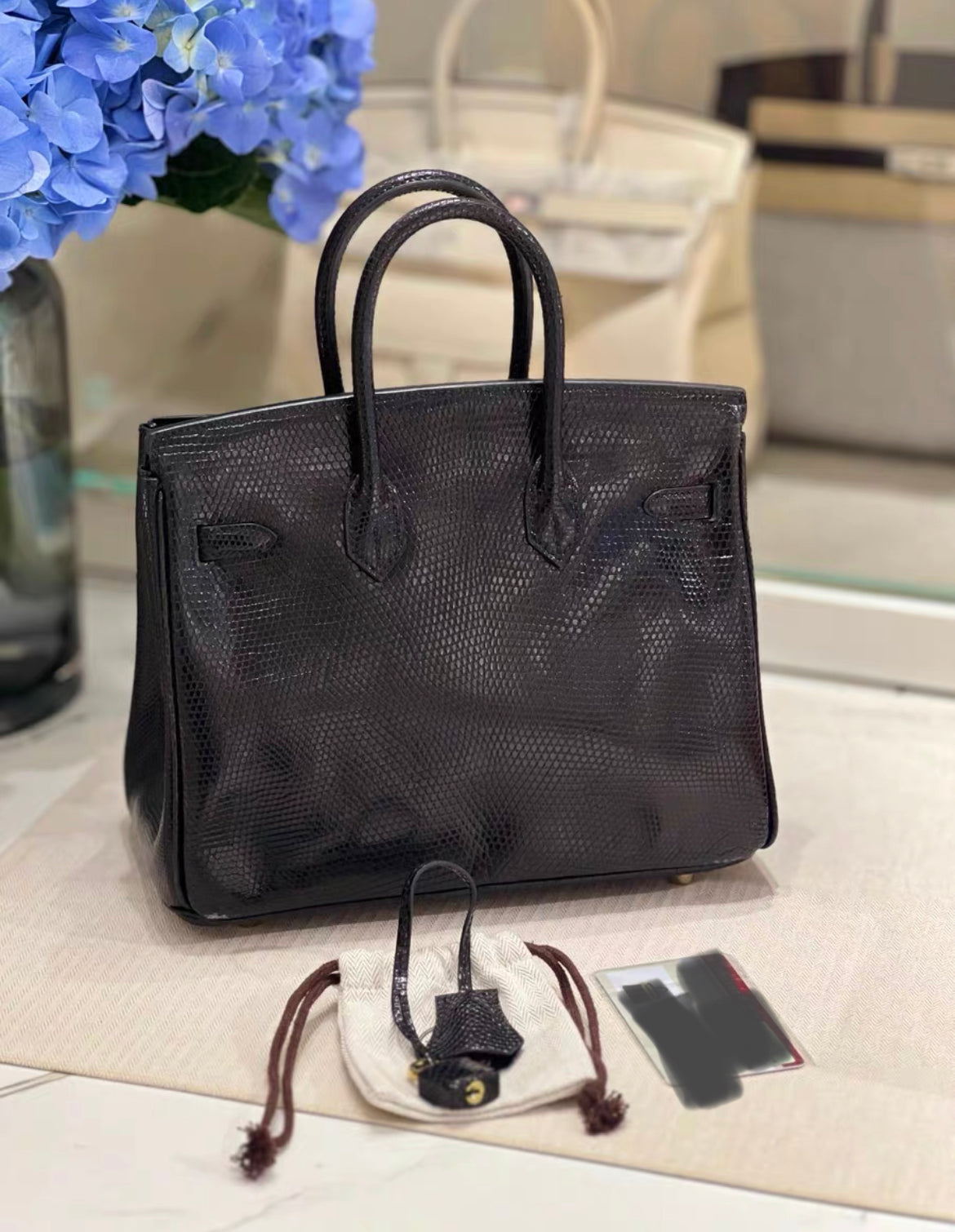 HERMÈS BIRKIN 25 SELLIER BLACK SHINY LIZARD GOLD HARDWARE