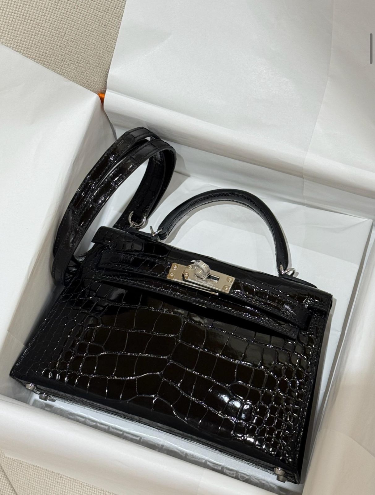 Hermes Mini Kelly 20 Black Shiny Alligator Palladium hardware