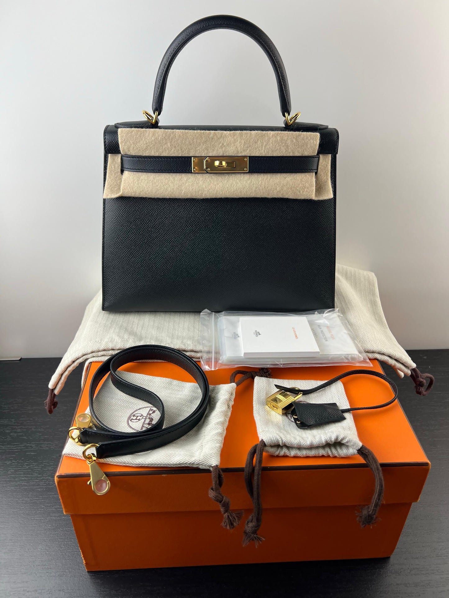 Hermes Kelly 28 Black Epsom Leather Gold Hardware