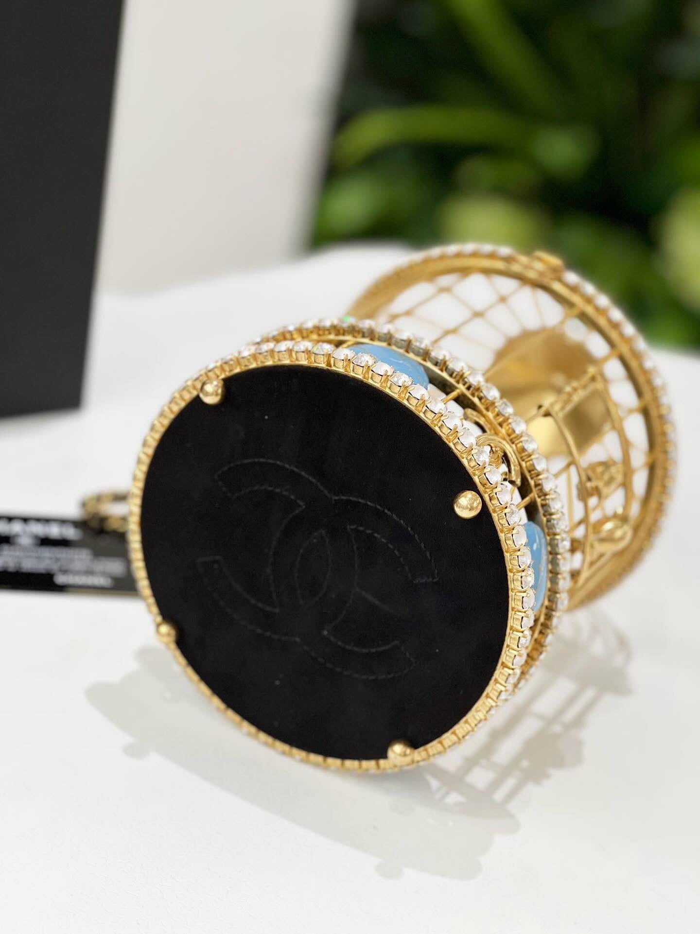 Chanel 20A Metal Crystal Enamel CC Love Bird Cage Minaudiere Clutch Black & Gold Multicolor