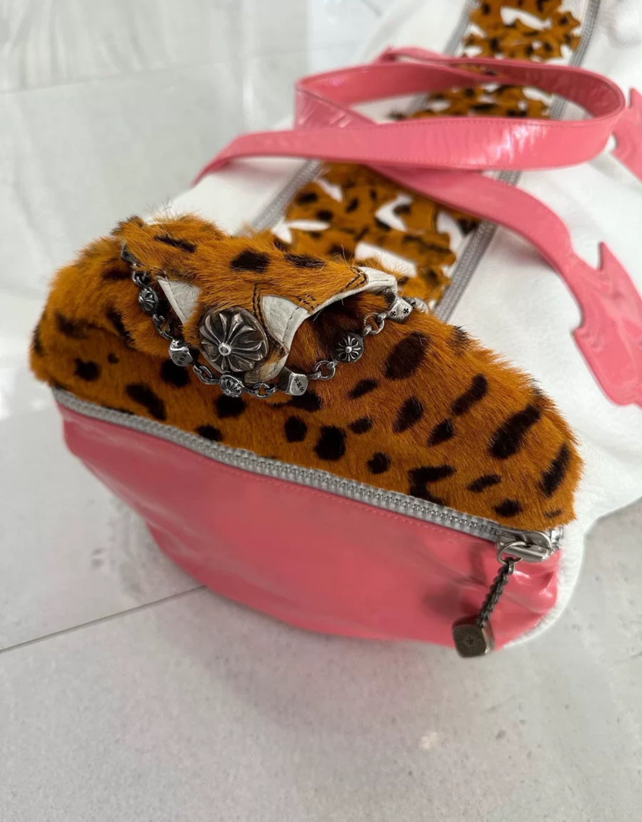 Chrome Hearts duffel bag white leather, pink handles bag with leopard cross patches