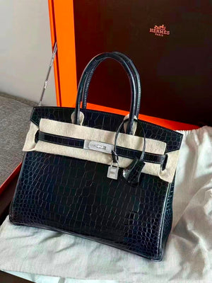 Hermes Birkin 30 Bleu Marine Shiny Porosus Diamond Gold Hardware