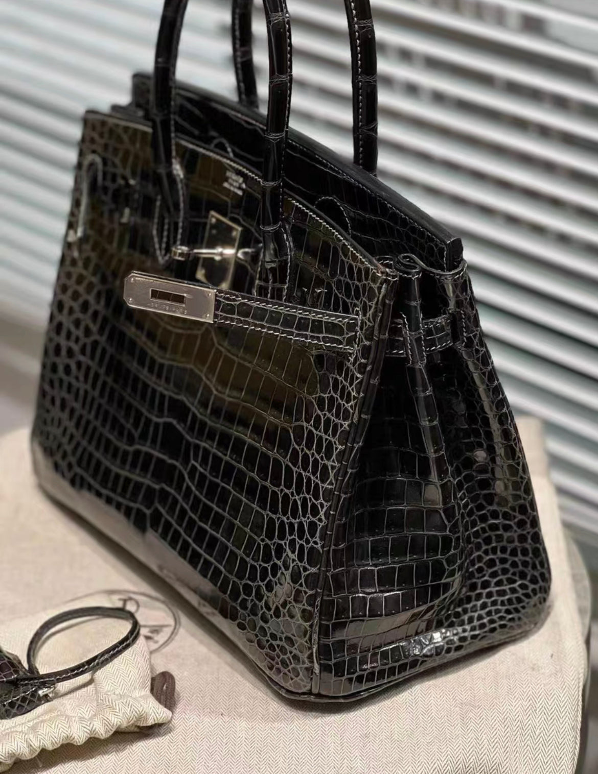 Hermès Birkin 30 Black Matte Alligator with white stitching and Palladium Hardware