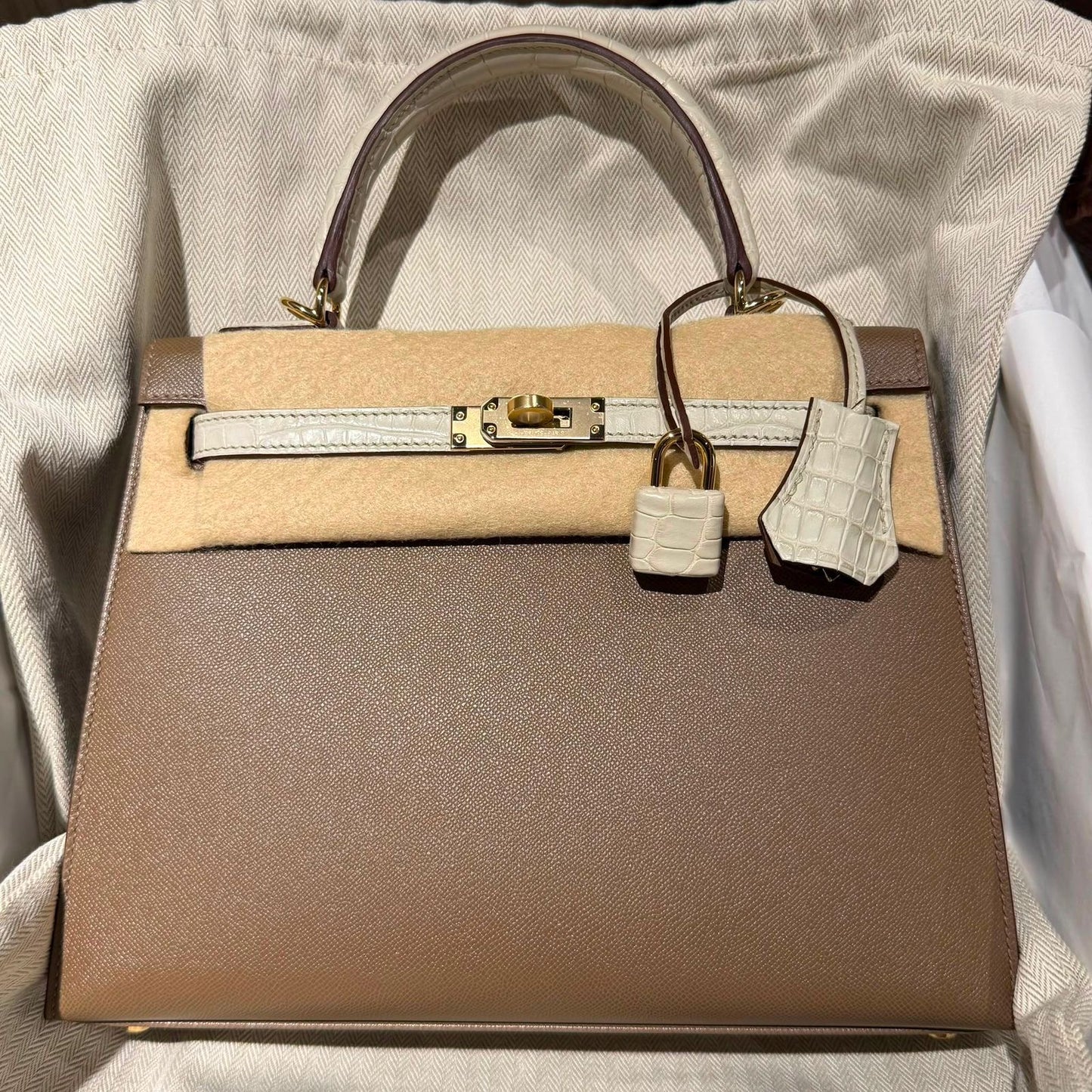 Hermes kelly 25 Etoupe Madame & Beton Matte Alligator leather Gold hardware