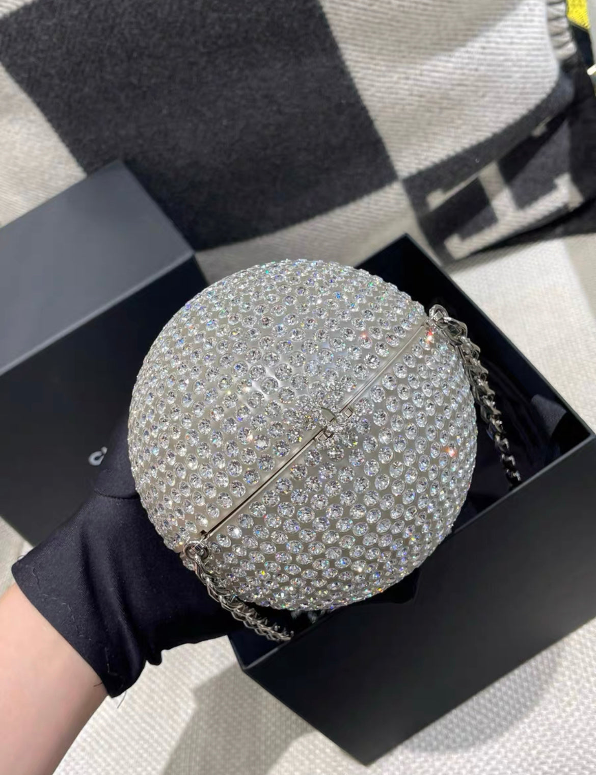 CHANEL Plexiglass Strass CC Round Minaudiere Clutch Silver