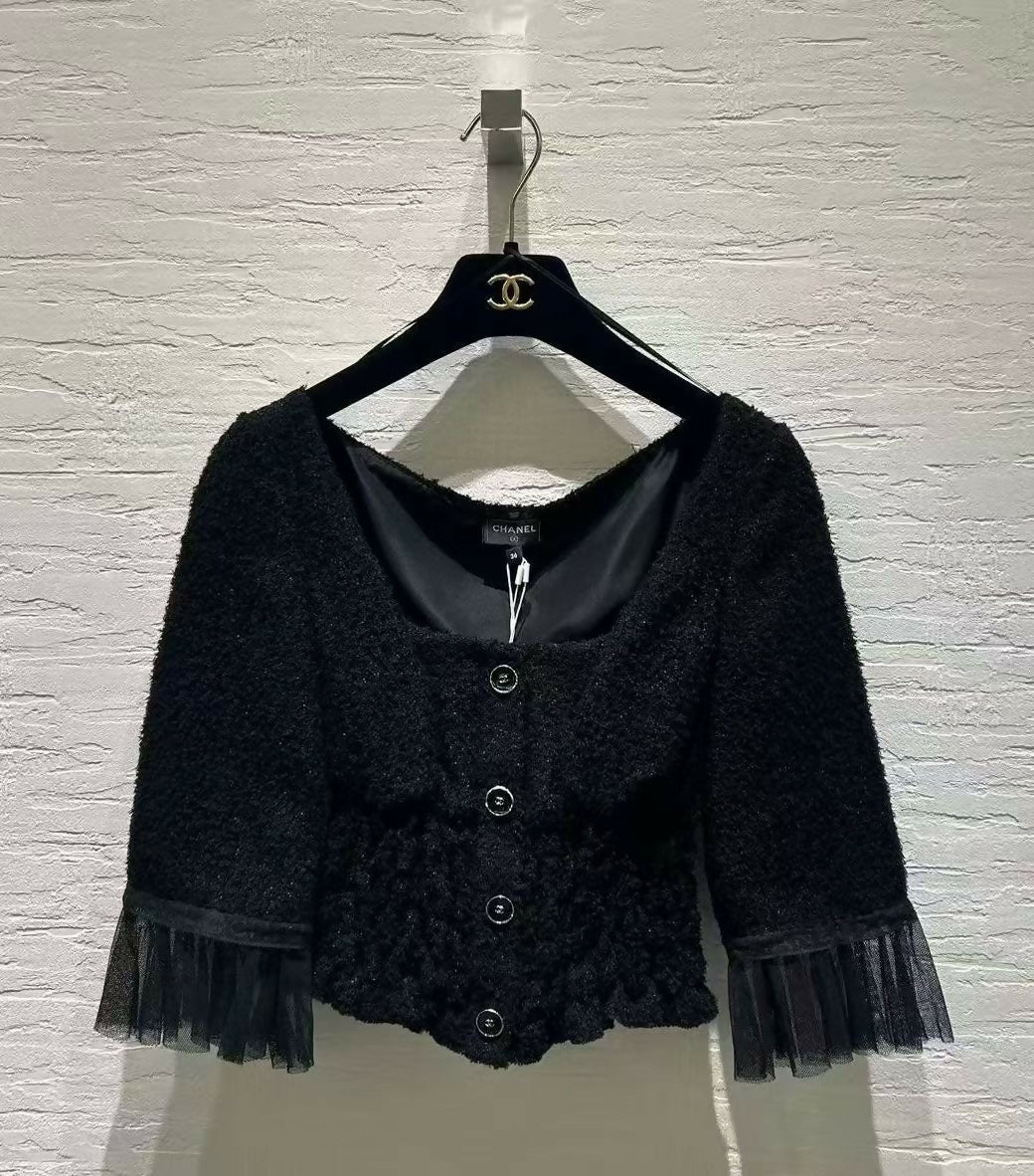 Chanel 25B Black Knit Lace Top Shirt Size 36