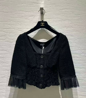 Chanel 25B Black Knit Lace Top Shirt Size 36