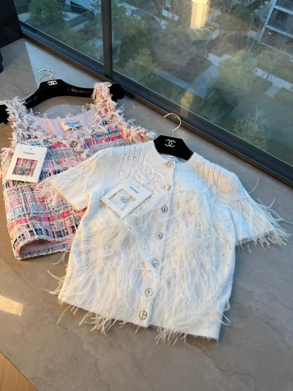 Chanel 25s white feather cardigan