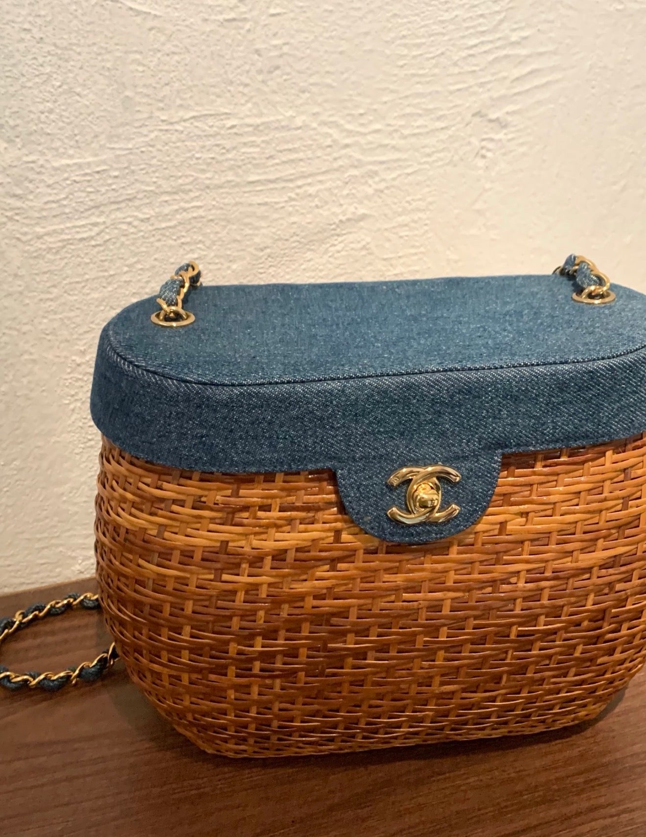 Chanel 98P wicker/denim chain basket bag
