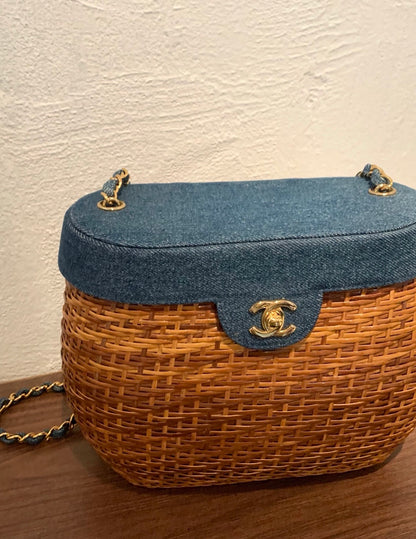 Chanel 98P wicker/denim chain basket bag